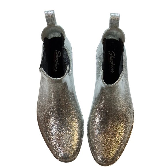 SKECHERS The Puddlers Women's Silver Glitter Chelsea Rain Boots Size 9 - Picture 2 of 10